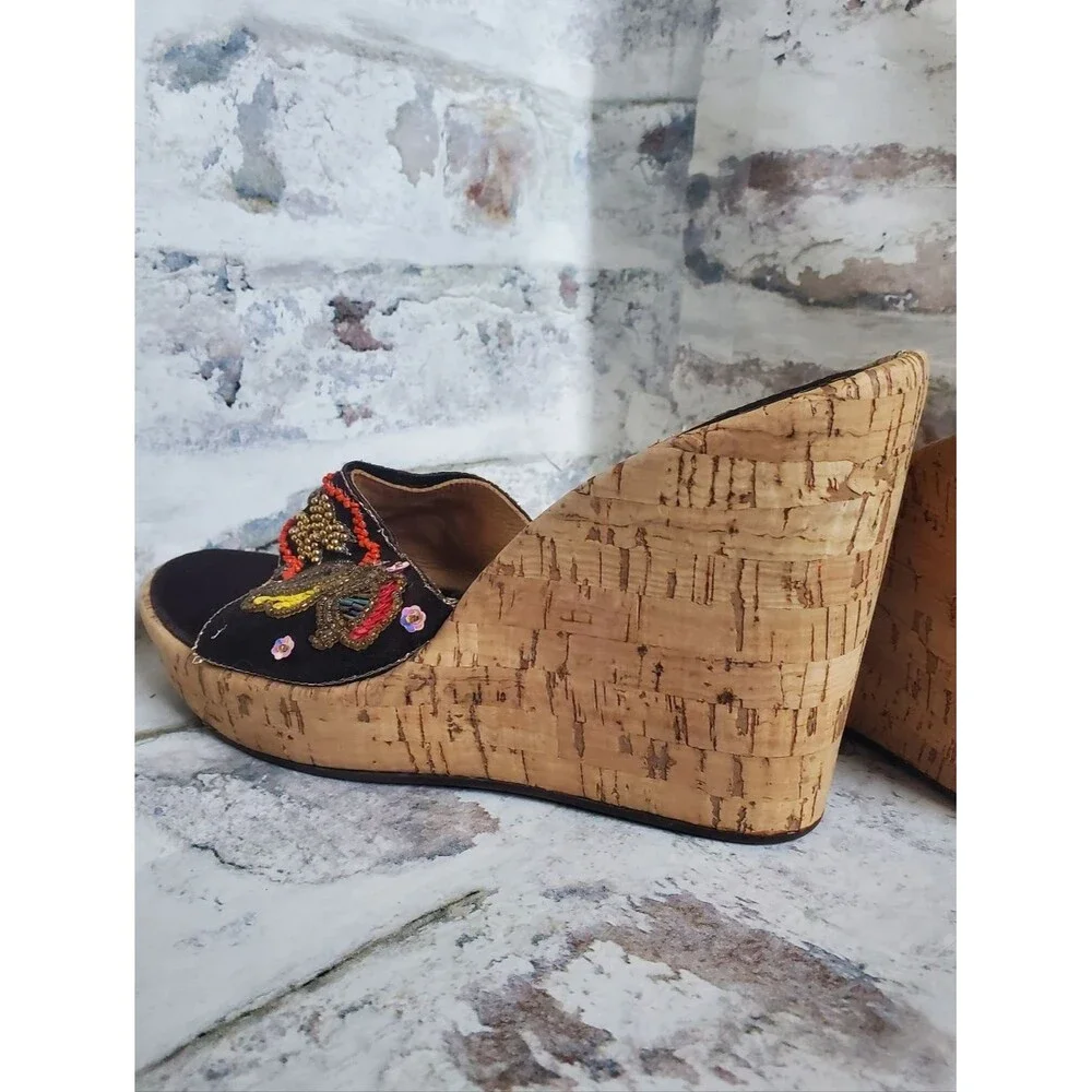 Charles David Women's Embellished Cork Wedge Sandals - Black & Gold, Size 8.5